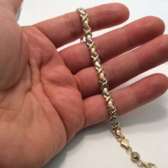 Lady 14k Tri-Color REAL Solid Gold XO Hearts and Kisses Cz Bracelet 7 1/4'' 5.3g - Picture 5 of 8